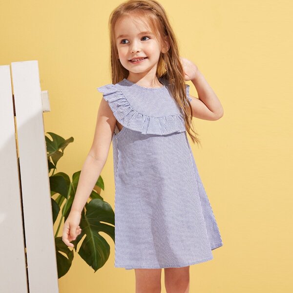 

Toddler Girls Striped Ruffle Trim Trapeze Dress, Blue