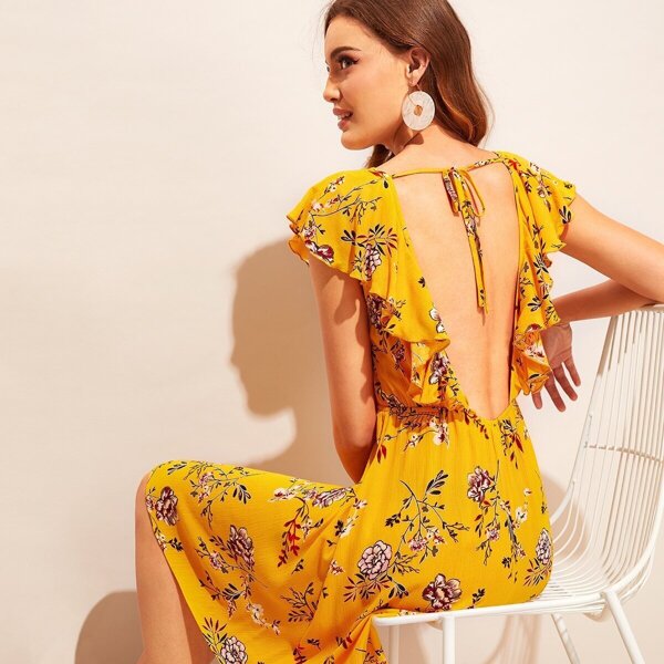 

Ruffle Trim Tied Open Back Floral Dress, Yellow