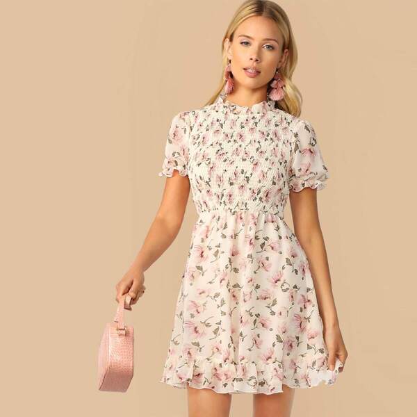 

Floral Print Mock Neck Ruffle Trim Shirred Dress, Multicolor
