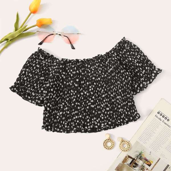 

Ditsy Floral Frill Trim Shirred Crop Top, Black