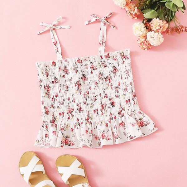 

Girls Ditsy Floral Shirred Top With Tie Strap, Multicolor