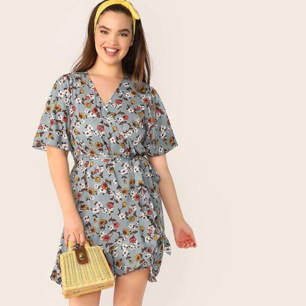 

Plus Ditsy Floral Tie Side Wrap Ruffle Dress, Multicolor