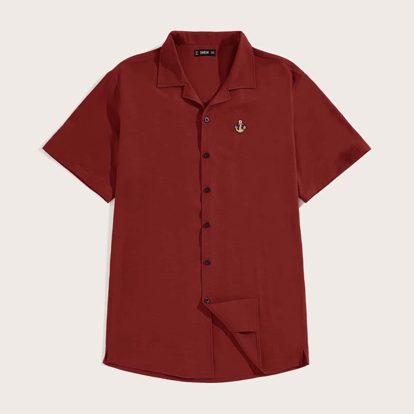

Men Revere Collar Anchor Patched Shirt, Burgundy