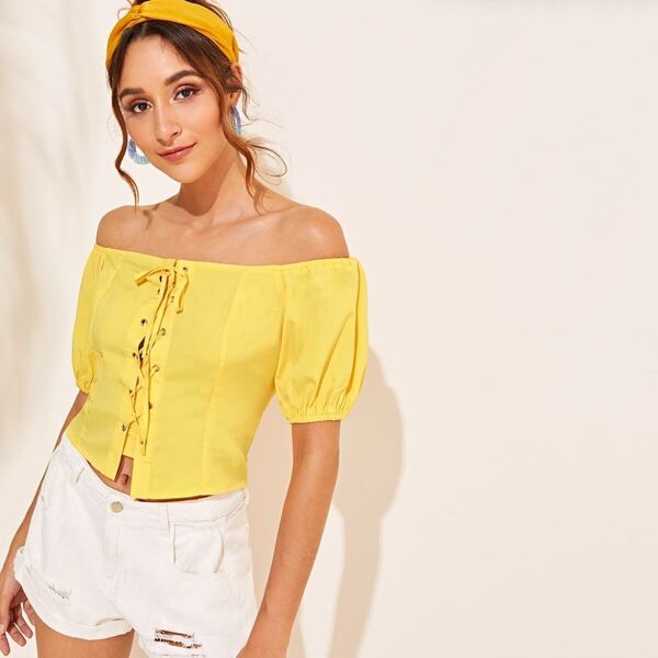 

Off Shoulder Lace Up Crop Top, Yellow