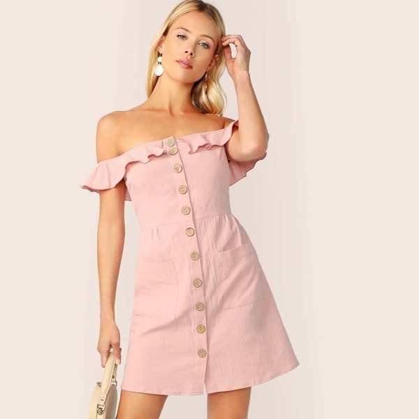 

Ruffle Off Shoulder Button Up Crinkle Dress