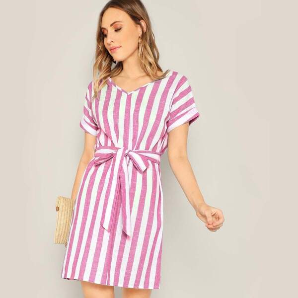 

Two Tone Striped Belted Dress