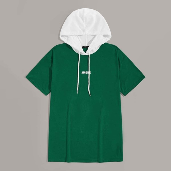 

Men Letter Print Contrast Hood T-shirt