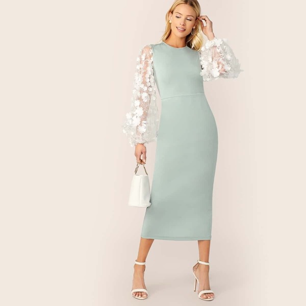 

3D Applique Mesh Lantern Sleeve Split Pencil Dress, Green