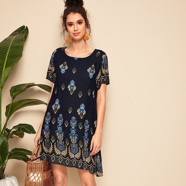 

Damask Print Trapeze Dress, Multicolor
