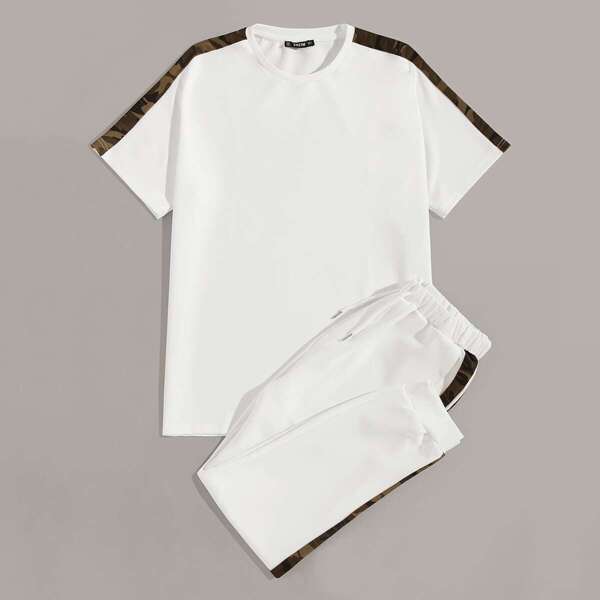 

Men Camo Side Seam Top & Drawstring Pants Set, White
