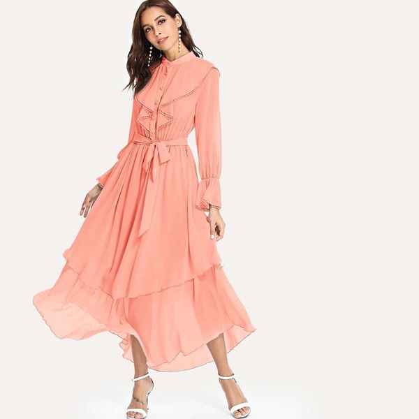 

Lace Detail Button Half Placket Asymmetrical Dress, Orange