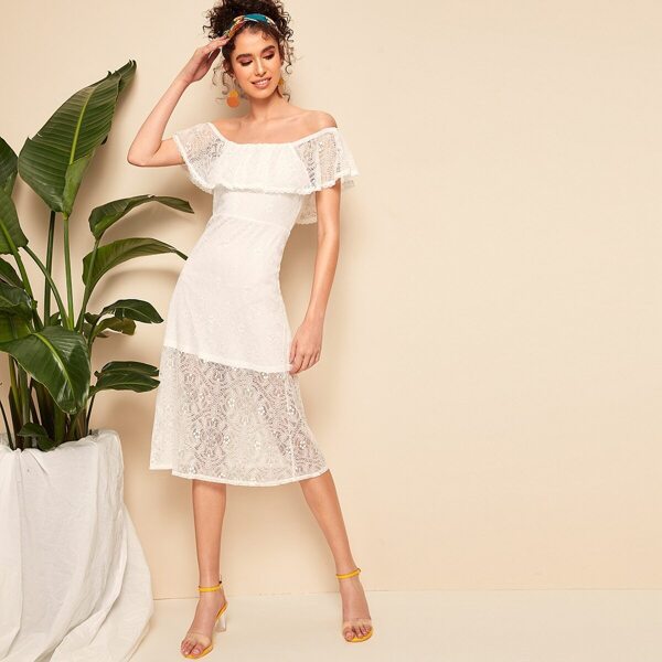 Off Shoulder Lace Overlay Dress, White