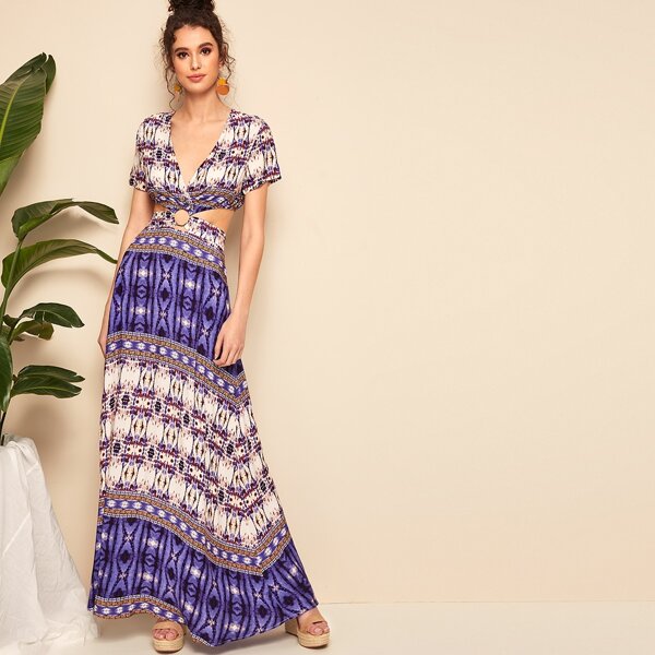 

Deep V Neck Peekaboo Aztec Print Maxi Dress