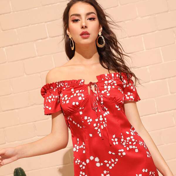 

Flower Print Frill Trim Bardot Tunic Dress