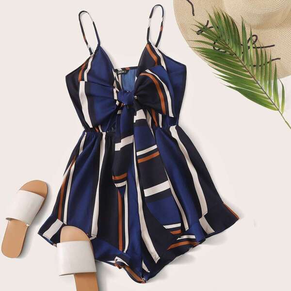 

Knot Cutout Front Striped Cami Romper