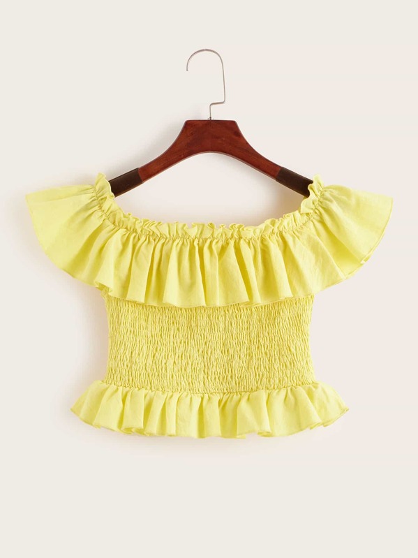 

Ruffle Trim Shirred Crop Blouse, Yellow