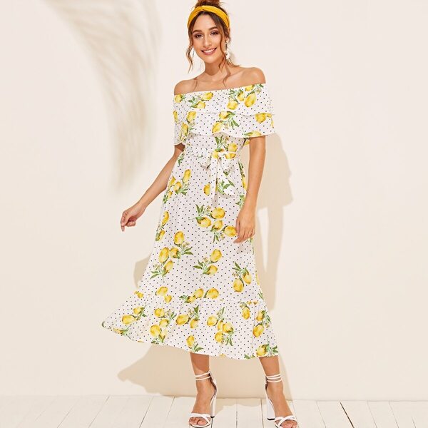 

Lemon & Polka-dot Ruffle Hem Off Shoulder Belted Dress, White