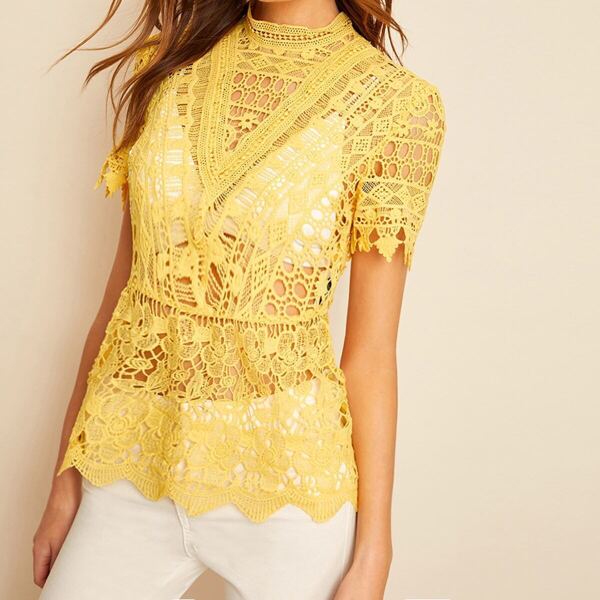 

Mock-neck Guipure Lace Top Without Bra, Yellow