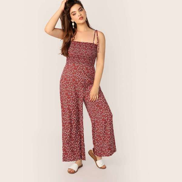 

Plus Ditsy Floral Knot Shoulder Shirred Wide Leg Jumpsuit, Burgundy