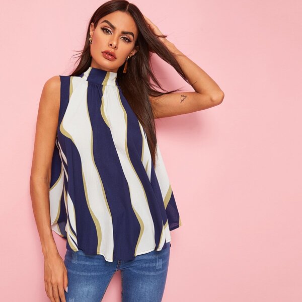

High Neck Tie Back Striped Swing Top