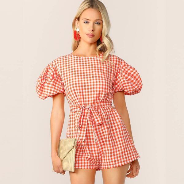 

Exaggerate Puff Sleeve Self Belted Gingham Romper