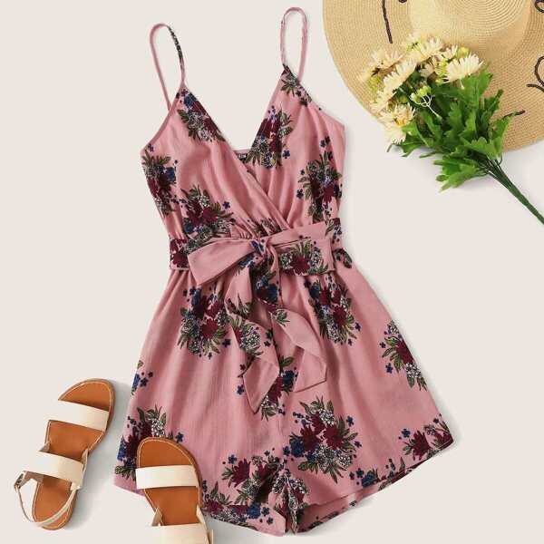 

Surplice Neck Floral Print Self Belted Cami Romper, Pink