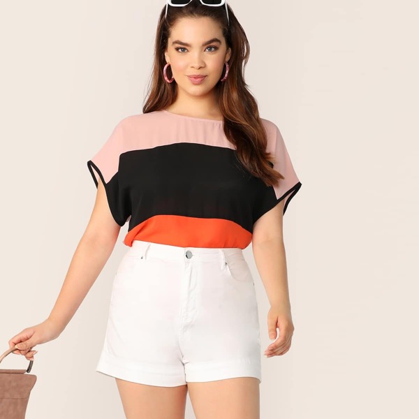 

Plus Contrast Binding Batwing Sleeve Colorblock Top