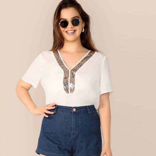 

Plus V-neck Sequin Detail Top, White