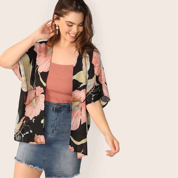 

Plus Floral Print Batwing Sleeve Kimono, Multicolor
