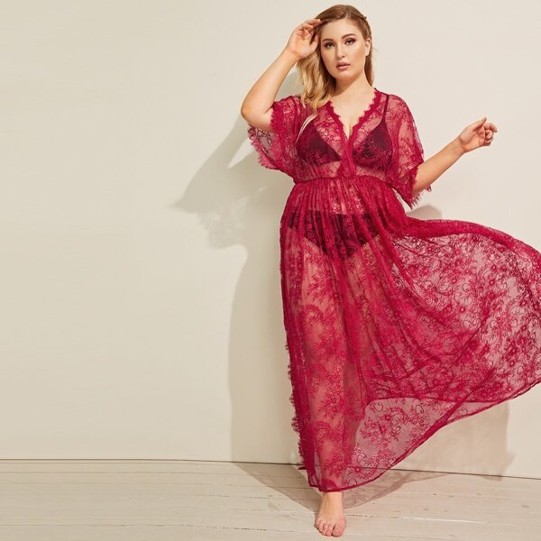 

Plus High Split Sheer Lace Nightdress Without Lingerie Set, Burgundy