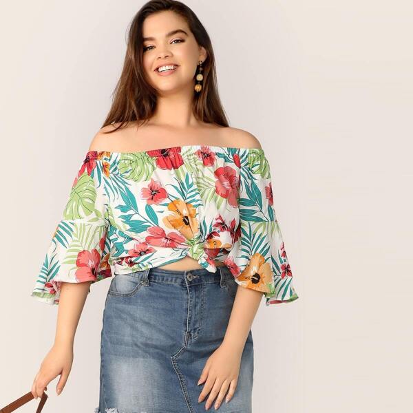 

Plus Off Shoulder Bell Sleeve Tropical Print Blouse, Multicolor