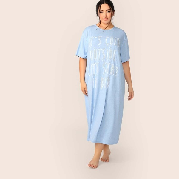 

Plus Drop Shoulder Slogan Print Nightdress, Blue pastel