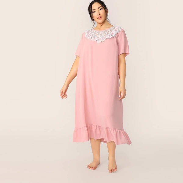 

Plus Embroidered Mesh Yoke Ruffle Hem Nightdress, Pink pastel