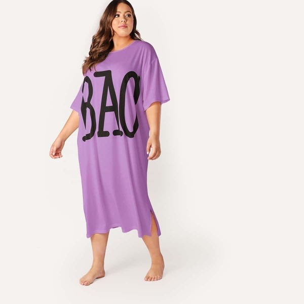 

Plus Drop Shoulder Letter Print Split Nightdress