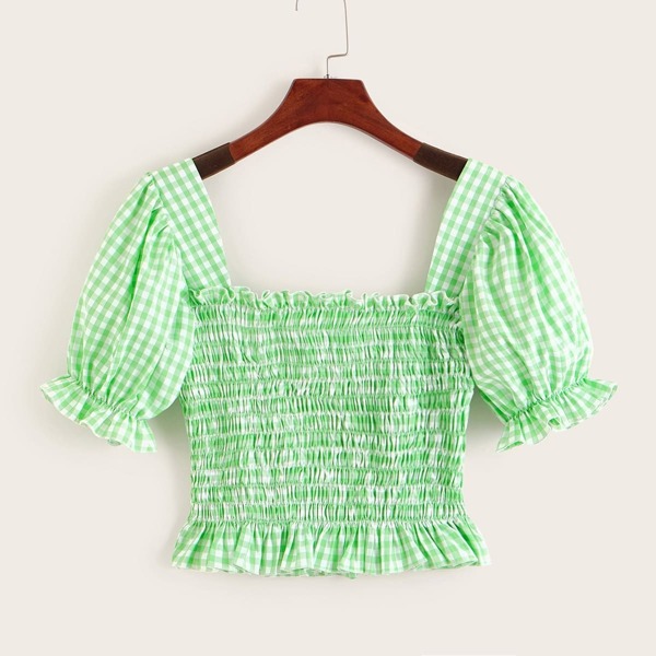 

Gingham Ruffle Trim Shirred Crop Top