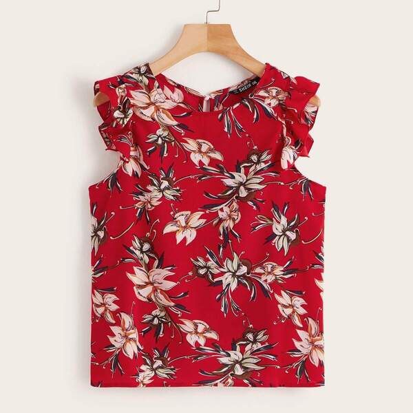 

Plus Ruffle Armhole Keyhole Back Top, Red