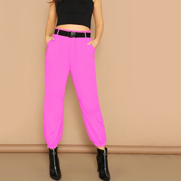 

Neon Pink Elastic Hem Pants With Push Buckle Belt