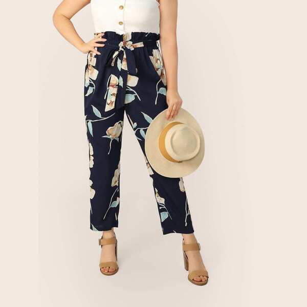 

Plus Paperbag Waist Self Belted Pants, Navy