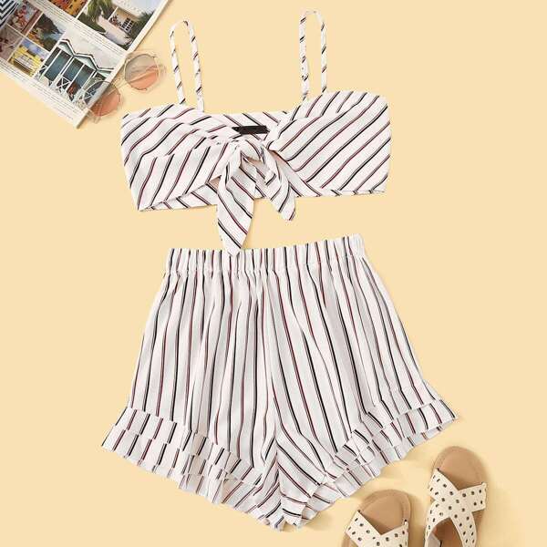 

Knotted Front Crop Cami & Flounce Hem Shorts Set, White