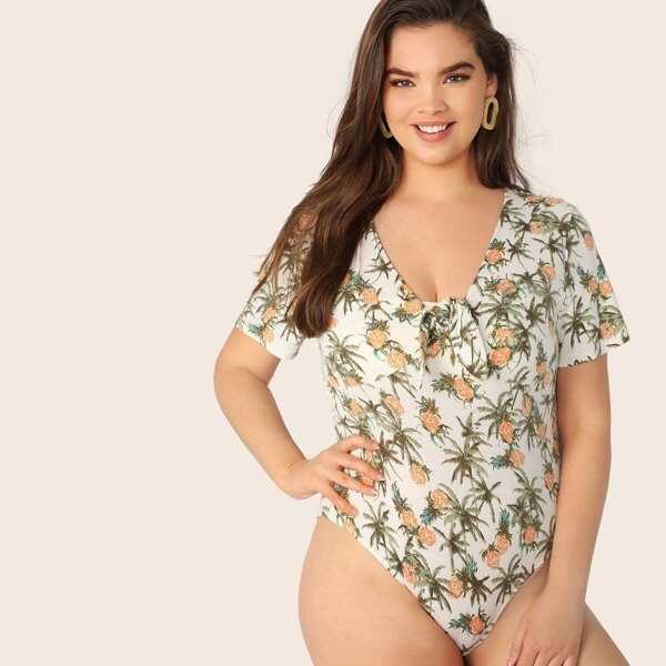 

Plus Botanical Print Tie Neck Bodysuit
