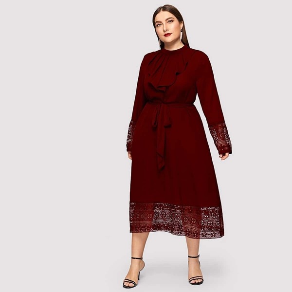 

Plus Jabot Collar Guipure Lace Cuff and Hem Dress, Burgundy