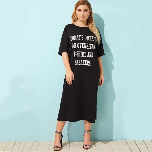 

Plus Slogan Graphic Slit Tee Dress, Black