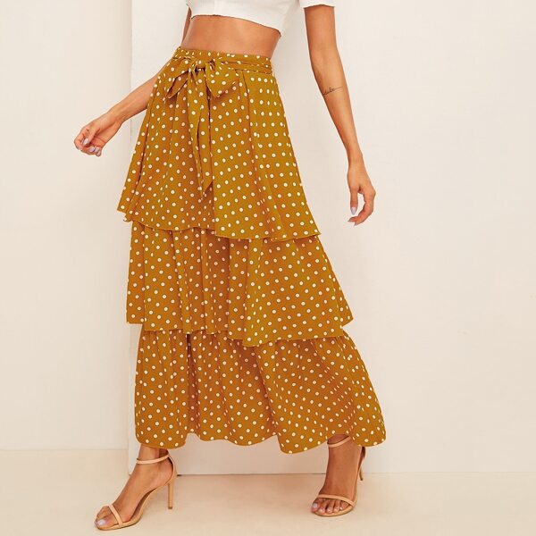 

Polka Dot Self Belted Layered Hem Skirt