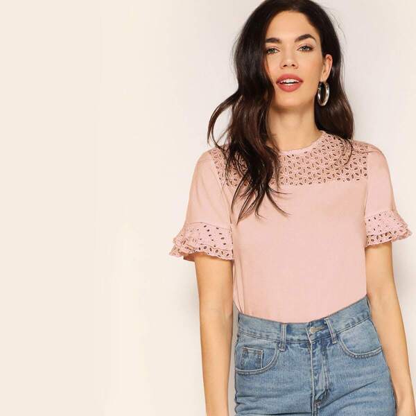 

Embroidered Eyelet Panel Ruffle Cuff Top