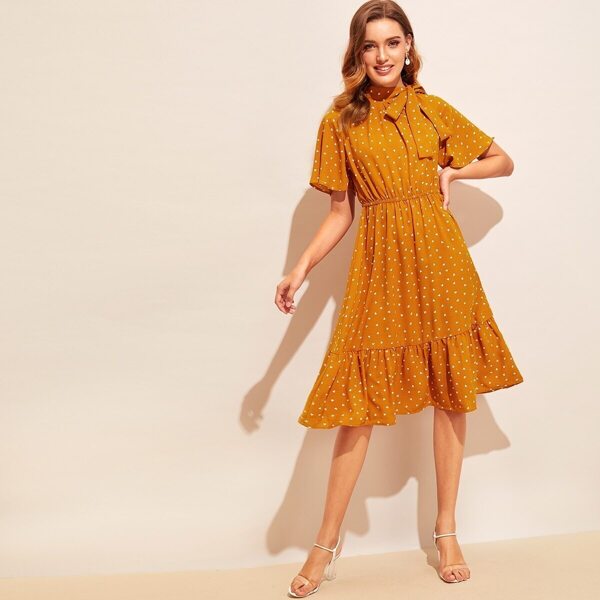

Tie Neck Flutter Sleeve Elastic Waist Ruffle Hem Dress