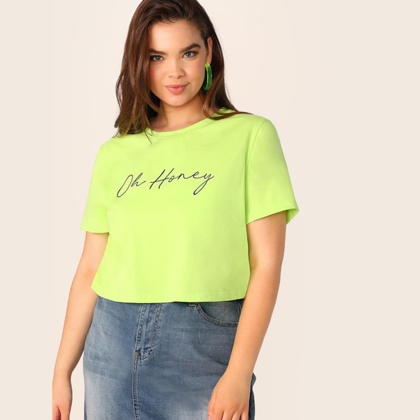 

Plus Neon Lime Slogan Print Crop Tee