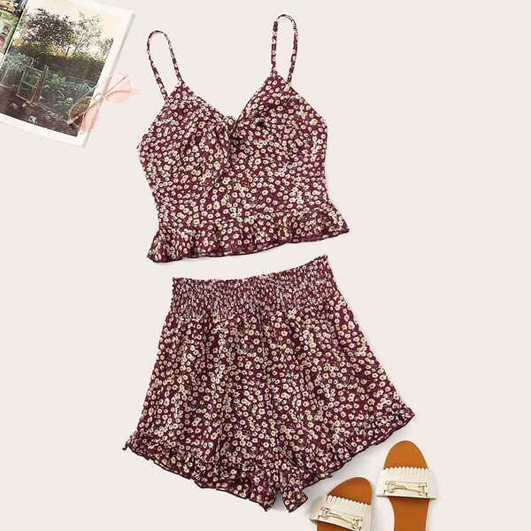 

Ditsy Floral Knot Cami & Ruffle Hem Shorts Set, Burgundy
