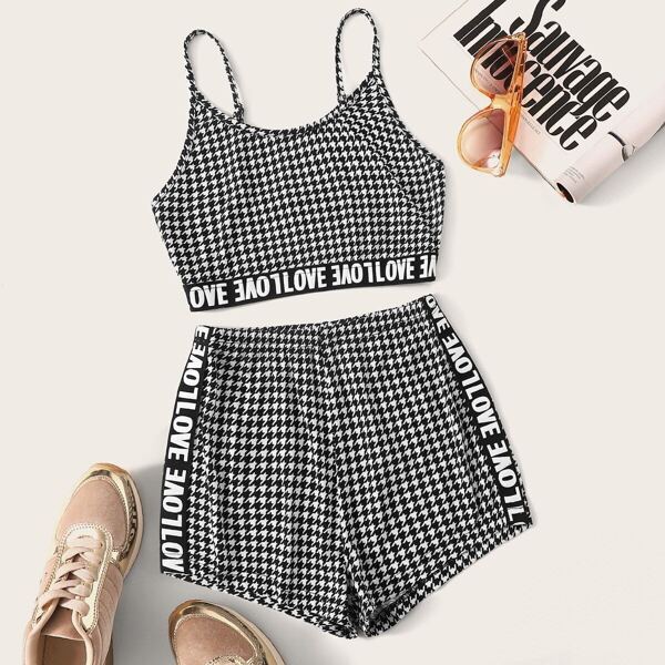 

Letter Tape Houndstooth Crop Cami Top & Shorts Set