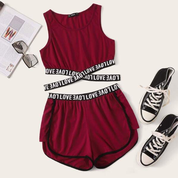 

Crisscross Lettering Tape Trim Tank Top & Dolphin Shorts Set, Burgundy