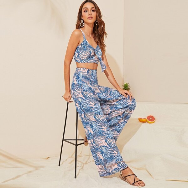 

Knot Front Shirred Tropical Crop Top & Palazzo Pants Set